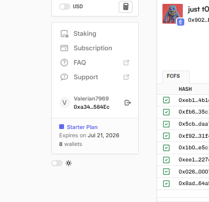 A cryptocurrency wallet interface showing options like Staking, Subscription, FAQ, and Support, along with a 'Starter Plan' and a list of FCFS transaction hashes.