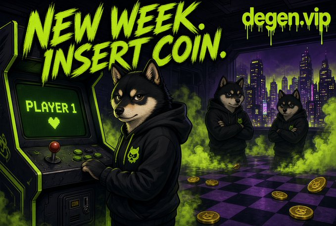 Three anthropomorphic Shiba Inu characters in black hoodies stand in an arcade with "NEW WEEK. INSERT COIN." and "PLAYER 1" displayed on the screen, with "degen.vip" in the top right corner. The image complements the post's gaming/crypto theme by depicting a "Player 1 ready" arcade scene alongside scattered gold coins, symbolizing the new games (Robinhood and BNB) going live while two remain teased "under the sheet."