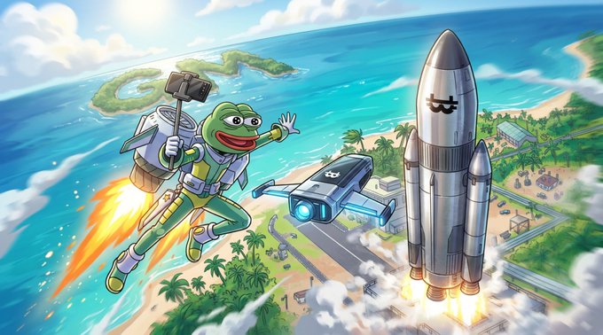 A cartoon frog wearing a jetpack and waving while holding a sledgehammer flies above a tropical island, alongside a drone and a rocket launching with a stylized "N" logo, capturing the energetic, gamified, and adventure-filled spirit of the Nakamoto Games ecosystem promoted in the post.