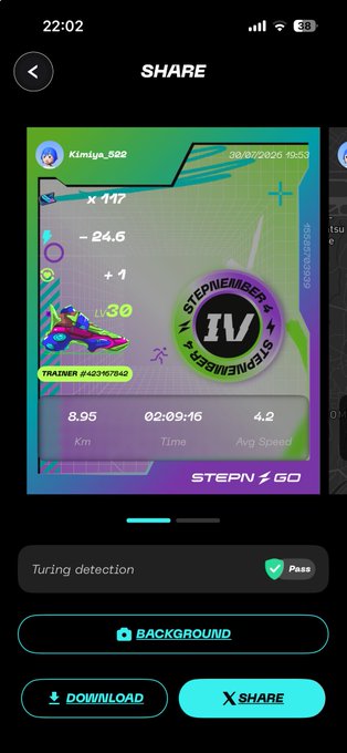 A mobile screenshot of a STEPN GO app share screen showing running stats: 8.95 km in 02:09:16 with an average speed of 4.2, attributed to user Kimiye_502 dated 03/07/2026.