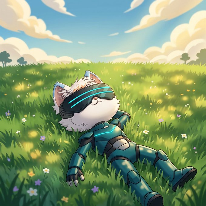 A digital illustration of a white cat wearing futuristic blue armor and a black visor, lying peacefully in a grassy field under a cloudy sky.