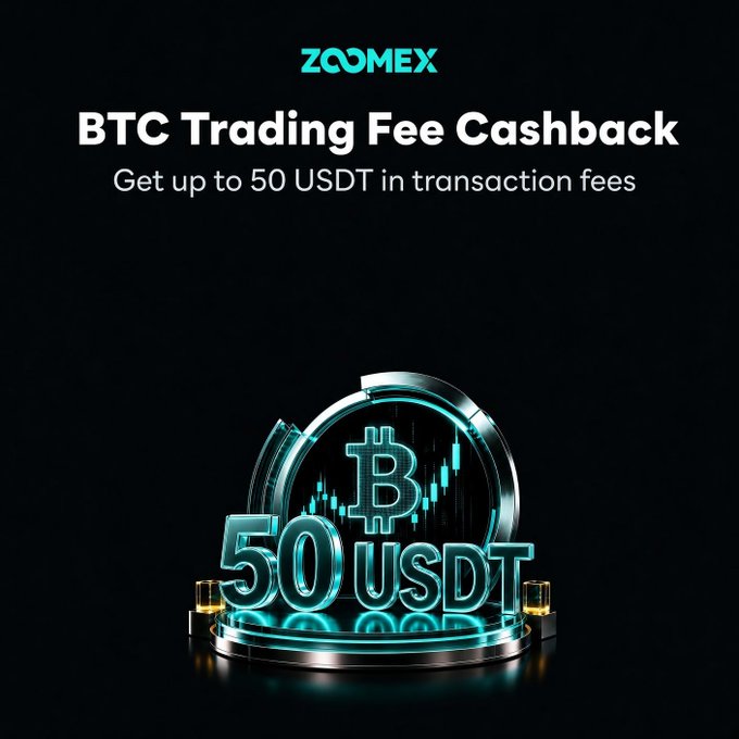 Zoomex promotional graphic featuring a glowing Bitcoin (₿) symbol and "50 USDT" displayed on a stage, advertising the "BTC Trading Fee Cashback" offer highlighted in the post.