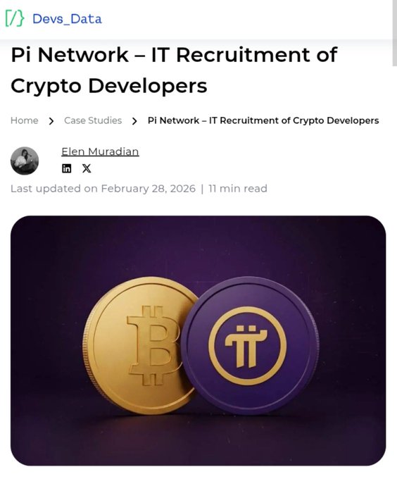 A DevsData case study article by Elen Muradian titled "Pi Network – IT Recruitment of Crypto Developers," last updated February 28, 2026, featuring an image of Bitcoin and Pi Network cryptocurrency coins against a purple background, illustrating the post's focus on Pi Network's engineering expansion with crypto-native talent to serve its 60M+ user base.