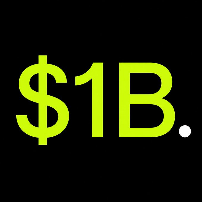 A bold yellow "$1B." graphic on a black background, celebrating Robinhood's milestone of reaching one billion in a retro, meme-inspired style fitting the nostalgic "OG" vibe referenced in the post.