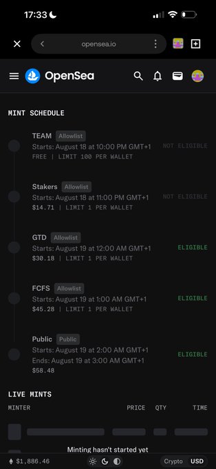 A screenshot of the OpenSea mint schedule for @RobinWifHat showing eligibility status and pricing across different mint rounds (Team, Stakers, GTD, FCFS, Public) priced up to $58.48, with the user awaiting the public mint that starts August 19 at 2:00 AM GMT+1.