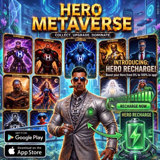 Promotional artwork for the mobile game "HERO METAVERSE" with the tagline "COLLECT, UPGRADE, DOMINATE," featuring a man in a suit surrounded by "SUPREME" character cards and an announcement for a "HERO RECHARGE" feature, available on Google Play and the App Store.