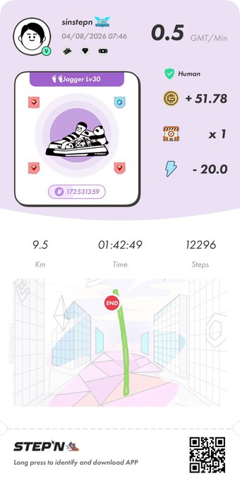 A STEPN move-to-earn app screenshot showing a user 'sinstep' jogging with stats including 0.5 GMT/Min, +51.78 GMT, 9.5 km distance, 01:42:49 time, and 12,296 steps, with a Sneaker Lv.30 NFT displayed.