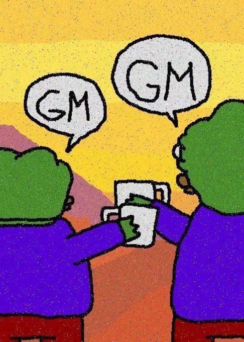 A cartoon illustration shows two figures from behind clinking glasses, with speech bubbles saying 'GM'.