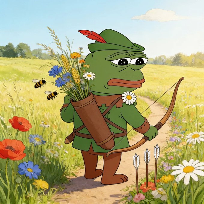 A cartoon illustration of a green frog character dressed as Robin Hood, complete with a feathered hat and quiver, carrying flowers and arrows in a field of wildflowers.