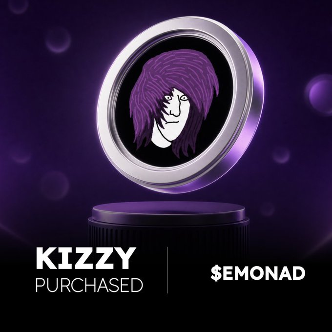 The image features a purple coin with an illustration of a person's face on it, which appears to be a meme or cartoon character. The text "kizzy mememania is happening! so far, confirmed tokens from the monad meme coin ecosystem are $chog - $emo - @naddotfun". This suggests that there might be some sort of promotion or collaboration between the person depicted on the coin and the meme coin ecosystem. It could potentially be related to a specific token within the system, but more information would be needed to confirm this.
