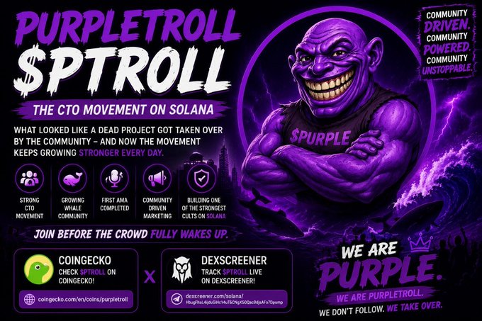 The image features an illustration of a purple troll character with arms crossed, wearing a black tank top and holding a sword. The poster includes text that reads "Purple Troll SPROLL", which refers to a project called "SPROL". The poster also mentions that the project is about Solana, a cryptocurrency platform, and encourages people to join the crowd in supporting it.