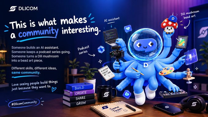 A promotional graphic for the Dlicom community features a friendly blue octopus-like mascot surrounded by creative items including an AI assistant, a podcast microphone, a Dili mushroom bead art piece, books labeled "Build, Create, Share, Grow," a camera, and a notebook, with the headline "This is what makes a community interesting." The text highlights how members bring diverse skills and ideas—building AI assistants, running podcasts, and creating bead art—all united by a shared community spirit.