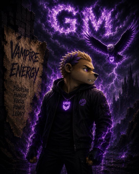 An anime-style poster for 'VAMPIRE ENERGY' featuring an anthropomorphic character with a purple wolf emblem and 'UGO' text, set against a dark purple background with lightning and a crow.