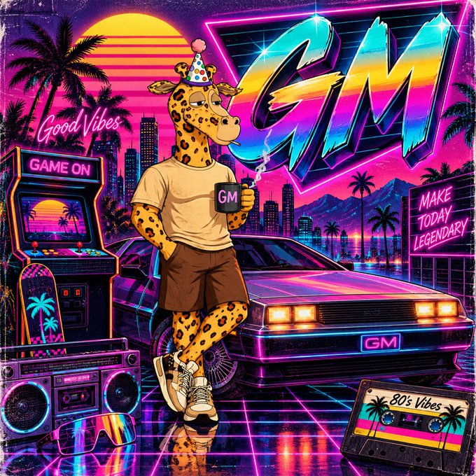 A vibrant retro 80s-style digital illustration featuring a giraffe in a party hat leaning against a neon-lit car, with text reading 'GM', 'Good Vibes', 'GAME ON', 'MAKE TODAY LEGENDARY', and '80's Vibes'.