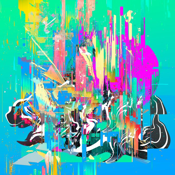 An abstract, glitch-art style digital painting featuring bold streaks of cyan, magenta, yellow, and blue with distorted black graffiti-like shapes.