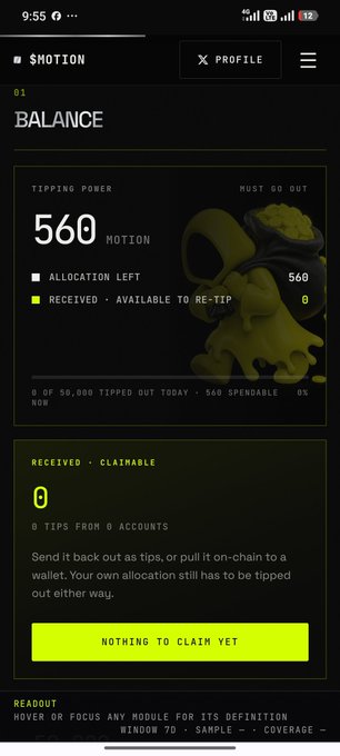 A mobile app screenshot titled 'SHOTION' displaying a 'BALANCE' of '560' for 'TIPPING POWER', with sections for 'RECEIVED - CLAIMABLE' and a 'NOTHING TO TO TO CLAIM YET' message.