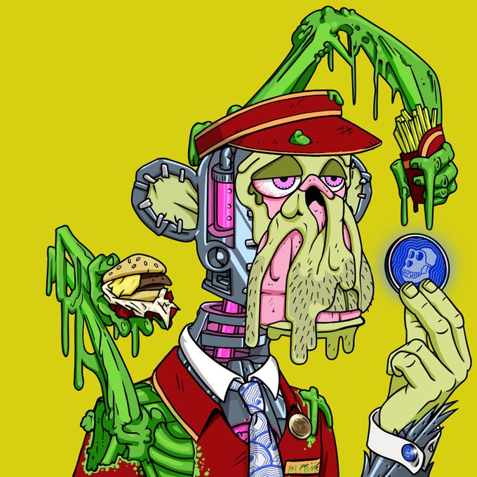 The image features a cartoon character dressed as a man, wearing a suit and tie, holding a green object that appears to be a coin or a keychain. The character has a face with a big nose and wide eyes, giving him an odd and creepy appearance. The background of the image is yellow, which contrasts with the green color of the object held by the character. There are also descriptions in the post about the character resembling a beach ball under water, adding to the surreal nature of the scene.