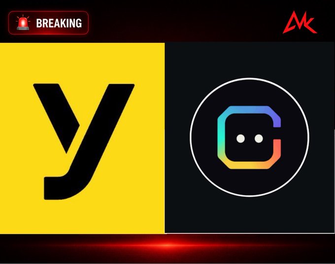A breaking news graphic featuring a yellow 'Y' logo on the left and a multicolored speech bubble icon with a face on the right, with a red siren icon and 'BREAKING' text in the top left.