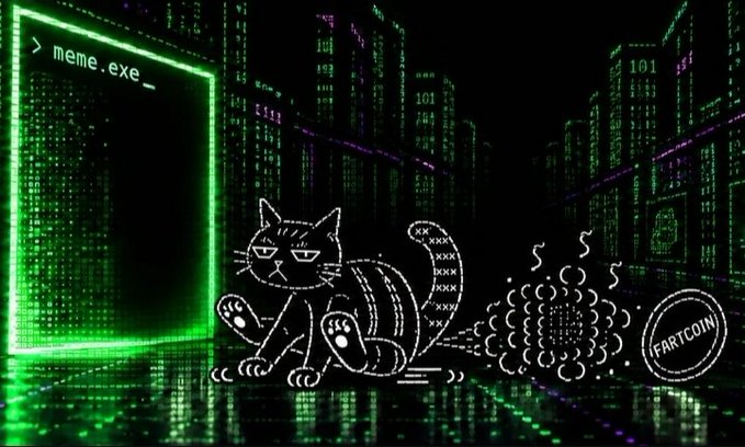 A digital illustration shows a cat with the body of a tank running away from a 'meme.exe' portal toward a coin labeled 'FARTCOIN' in a cyberpunk cityscape.