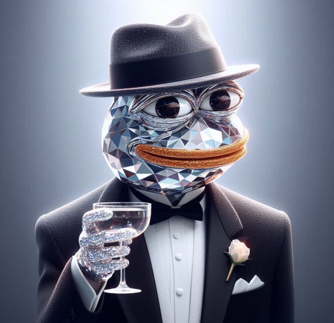 A 3D rendered image of a crystalline diamond-textured frog character wearing a fedora and tuxedo with a bow tie, holding a champagne glass and a white rose boutonniere.