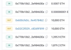 Screenshot of Ethereum wallet transactions showing IN/OUT ETH transfers, including two 10.000 ETH OUT transactions and various smaller IN amounts like 0.0007 ETH and 1.395.9 ETH.