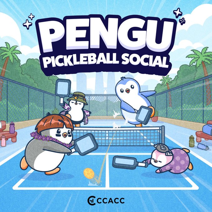 Illustration for 'Pengu Pickleball Social' showing cartoon penguins playing pickleball on a court, with a 'CCACC' logo at the bottom.