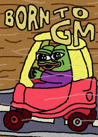 A cartoon Pepe the Frog wearing sunglasses drives a pink car, with bold yellow text reading "BORN TO GM" displayed above — a meme playing on "Born to Be Wild" while shouting the ticker symbol GM.