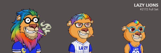 Digital artwork titled 'LAZY LIONS #2172 Full Set' depicting three cartoon lion characters with rainbow-colored manes wearing sunglasses, a 'LAZY' jersey, and a blue tank top.