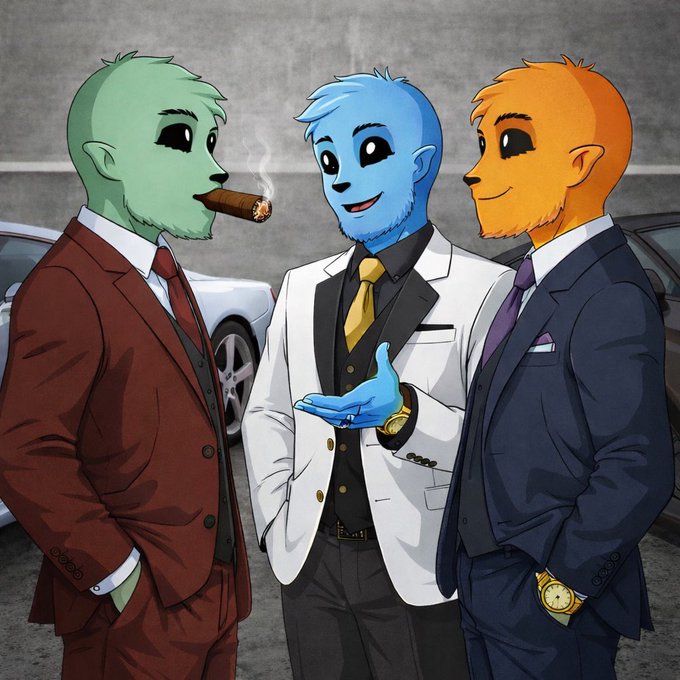 An anime-style illustration depicts three anthropomorphic figures with green, blue, and orange fur/facial features wearing formal suits, standing together in a parking garage setting.