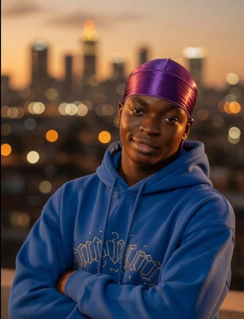 The image features a young man wearing a blue hoodie with "gn" written on it, standing against a city skyline backdrop at sunset. The man has his arms crossed and is smiling for the camera. The photo also includes text that reads "Good night GN CT Trust you had an amazing day See you tomorrow Keep grinding on @wallchain".