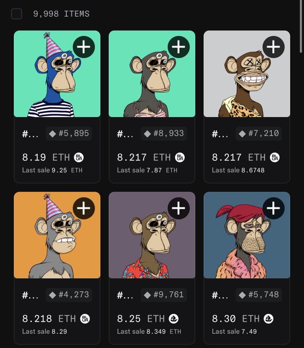 An NFT marketplace interface displaying 9,998 Bored Ape items for sale, with each card showing ape artwork, prices in ETH ranging from 8.19 to 8.30 ETH, and last sale prices.