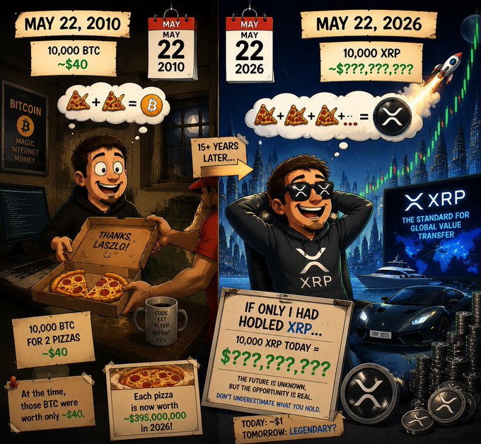 A cartoon comparison meme contrasts the famous Bitcoin Pizza Day (May 22, 2010, 10,000 BTC for ~$40) with a speculative XRP version (May 22, 2026, 10,000 XRP for an unknown amount), featuring a pizza-loving man and cryptocurrency logos.