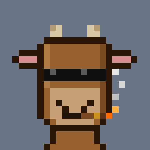 A pixel art illustration of a brown cow-like character with sunglasses, pink ears, and a cigarette in its mouth against a blue background, reminiscent of the Among Us game style.