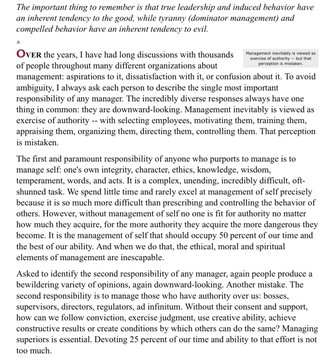A passage of text discussing leadership, tyranny, and management responsibilities, noting that 'Over the years, I have had long discussions with thousands of people throughout many different organizations about management.'
