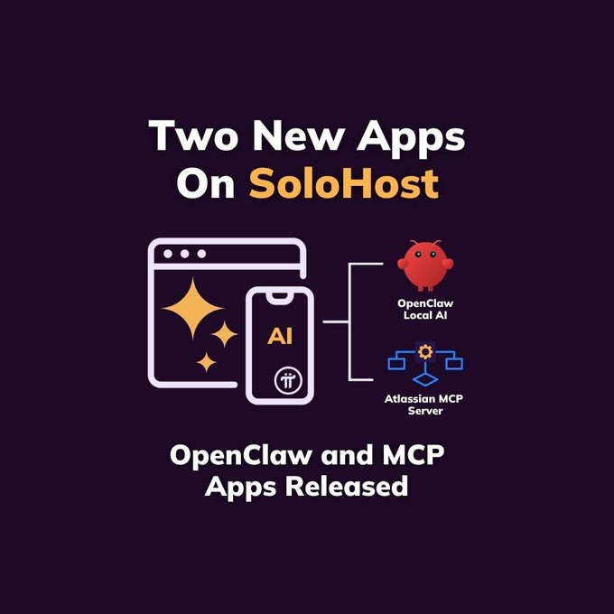 The image is a promotional graphic announcing "Two New Apps On SoloHost" — featuring "OpenClaw Local AI" and "Atlassian MCP Server" — alongside illustrations of a desktop window with sparkles and a mobile phone labeled "AI," with the caption "OpenClaw and MCP Apps Released." It visually supports the post's message about Pi Desktop expanding its ecosystem with new local AI and developer workflow tools via SoloHost.