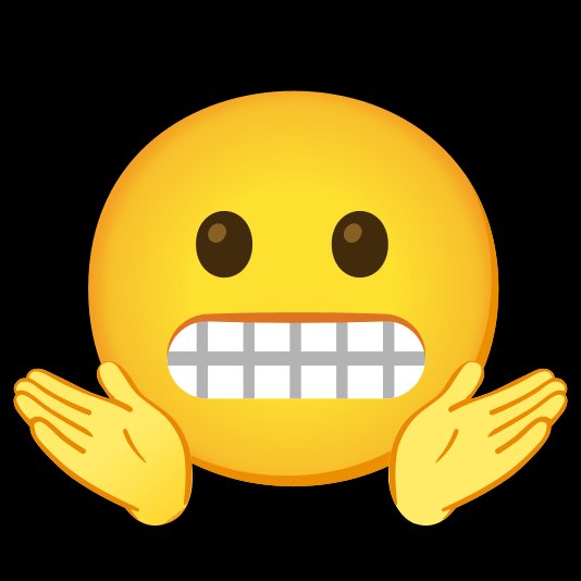A yellow grimacing face emoji with clenched teeth and both hands held up palms-forward in a tense gesture.