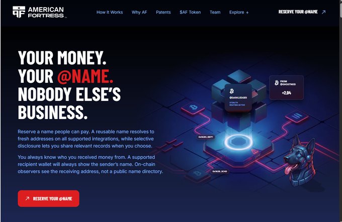 The American Fortress website homepage advertising '@NAME' reservation service with the tagline 'YOUR MONEY. YOUR @NAME. NOBODY ELSE'S BUSINESS.'