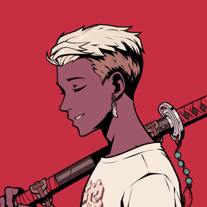 An anime-style illustration of a young man with short blonde hair in profile, carrying a katana sword over his shoulder against a red background.