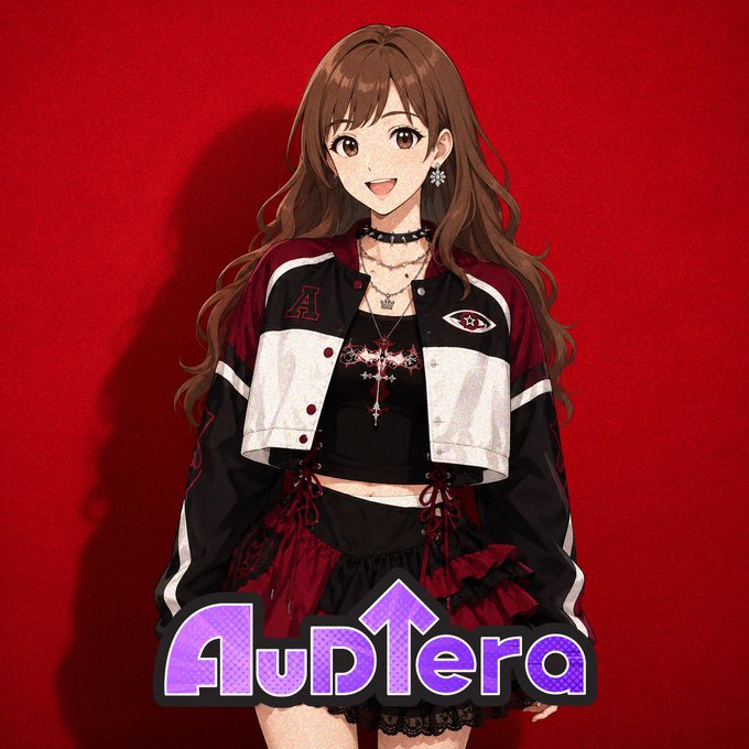 An anime-style illustration of a smiling girl with brown hair wearing a black and red jacket, layered necklaces, and a black and red skirt, set against a red background with purple 'Audiera' text at the bottom.
