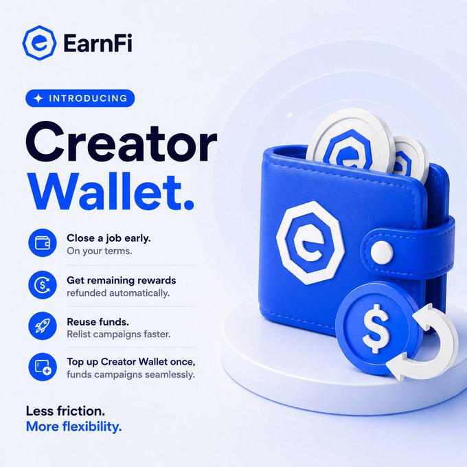 A promotional advertisement for EarnFi's Creator Wallet featuring a 3D blue wallet with coins, highlighting features like closing jobs early, automatic reward refunds, reusing funds, and seamless campaign topping up.