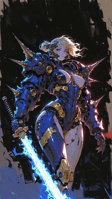 Anime-style artwork of a blonde female character in elaborate blue and gold spiked cybernetic armor, wielding a glowing blue energy sword against a dark background.