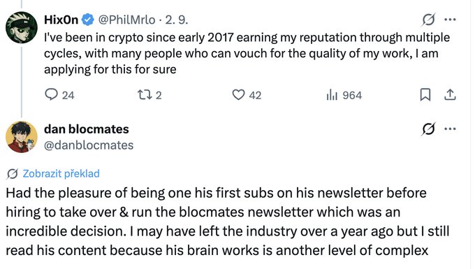 Twitter/X thread showing HixOn (@PhilMrlo) applying for something with crypto credentials since 2017, and dan blocmates (@danblocmates) endorsing him, noting he took over the blocmates newsletter.