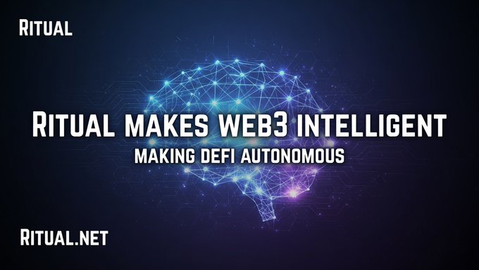 A promotional graphic for RITUAL.NET with the tagline 'RITUAL MAKES WEB3 INTELLIGENT - MAKING DEFI AUTONOMOUS' displayed over a glowing digital brain network.