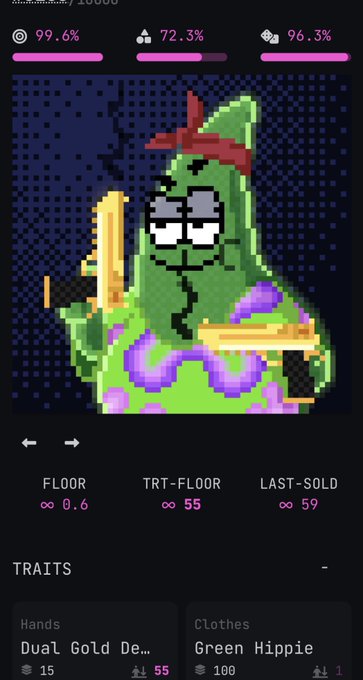 A screenshot of an NFT listing page showing a pixel-art "Wumbos" character (a green zombie-like figure in a red headband and purple tie-dye shirt) holding dual gold deagles, with stats including 99.6%, 72.3%, and 96.3% on the left, listed at 59 ∞ (last sold) with traits "Hands: Dual Gold De..." and "Clothes: Green Hippie," relating to the post about purchasing a rare Dual Gold Deagle trait NFT from the Wumbos collection on the ICP network.