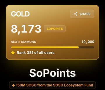 A SoPoints loyalty dashboard showing a Gold tier status with 8,173 points, a progress bar to Diamond (10,000), and a rank of 381 of all users.