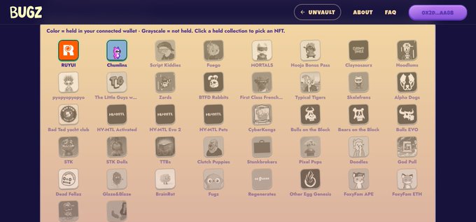 A screenshot of the 'BUGZ' website showing a gallery of connected NFT collections, with the text 'Color = held in your connected wallet • Grayscale = not held. Click a held collection to pick an NFT.' and buttons labeled 'UNVAULT', 'ABOUT', 'FAQ', and 'OSIZ.AAS' at the top.