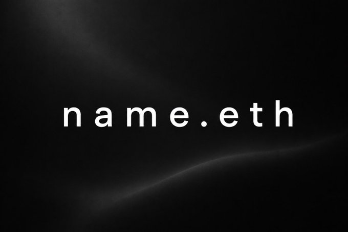 The image displays the text "name.eth" in white lowercase letters against a dark, shadowy background, visually representing the concept of securing a unique onchain identity through Ethereum Name Service (ENS) domains, as suggested by the accompanying post about claiming personalized digital identifiers.