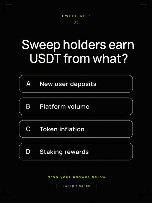 A dark-themed "SWEEP QUIZ 05" graphic asks "Sweep holders earn USDT from what?" with four multiple-choice options (A: New user deposits, B: Platform volume, C: Token inflation, D: Staking rewards), directing them to "drop your answer below" at sweep.finance. The accompanying post hints that the correct answer is the option that doesn't eventually run out, contrasting against the unsustainable typical crypto reward models.