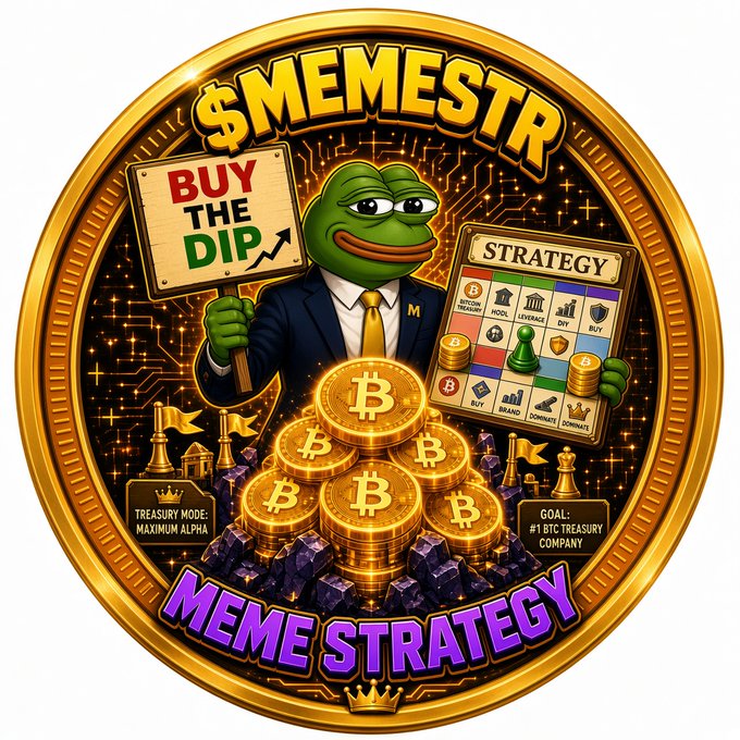 A gold-rimmed '$MEMESTR MEME STRATEGY' coin featuring a Pepe the Frog character in a suit holding 'BUY THE DIP' and 'STRATEGY' signs.