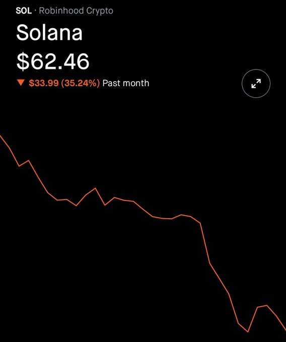 The image features a black screen with a graph of a downward sloping line, indicating a decline in cryptocurrency value over time. The text next to the graph states "Solana was pushing up to $300 at one point". The image highlights an extreme drop in Solana's value and emphasizes that it has been going downhill for several months since reaching its peak price.